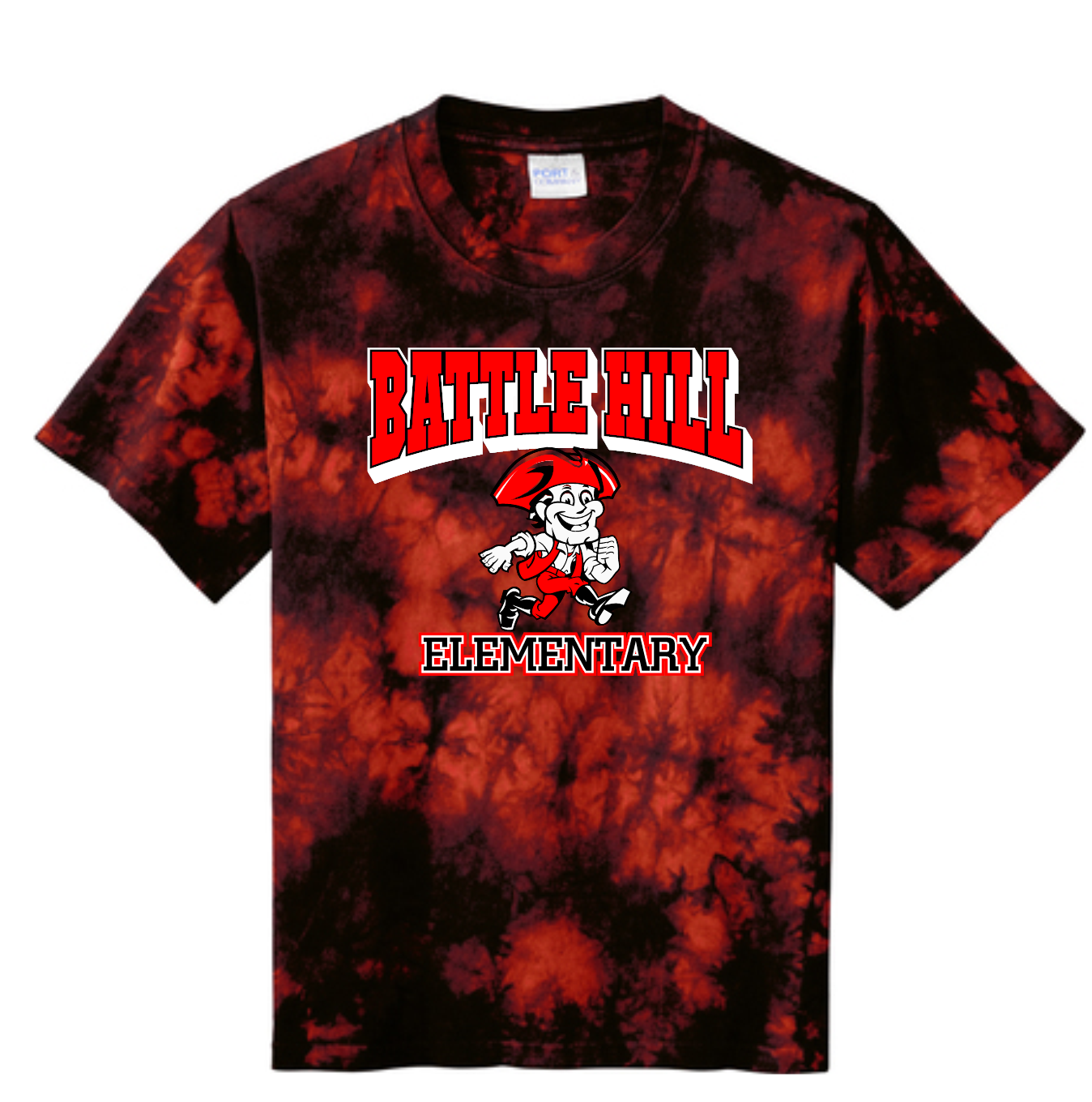 Battle Hill Elementary Crystal Arched mascot logo TIE DYE TEE (Adult and youth)