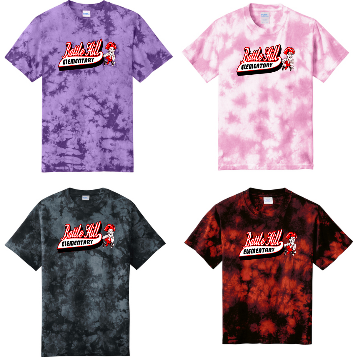 Battle Hill Elementary Crystal Script logo TIE DYE TEE (Adult and youth)