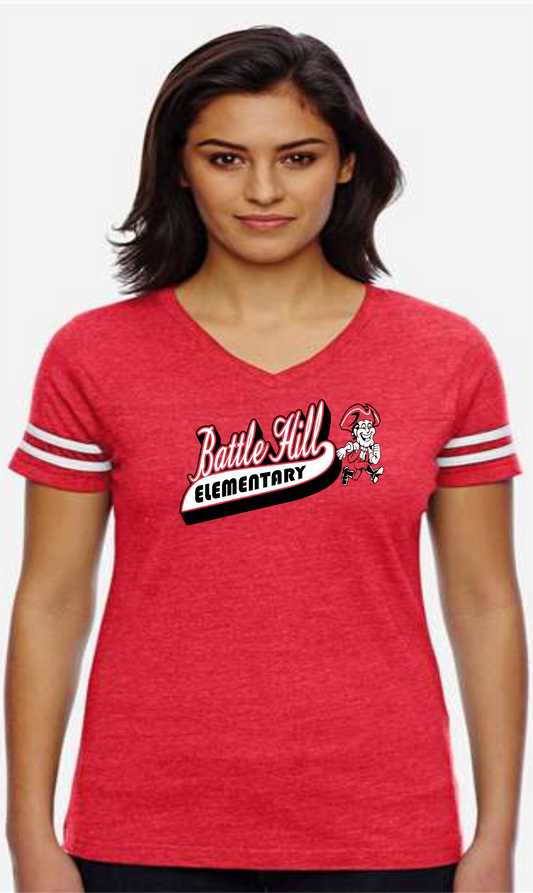Battle Hill Elementary LAT Women's Football V-Neck Fine Jersey Tee - 3537