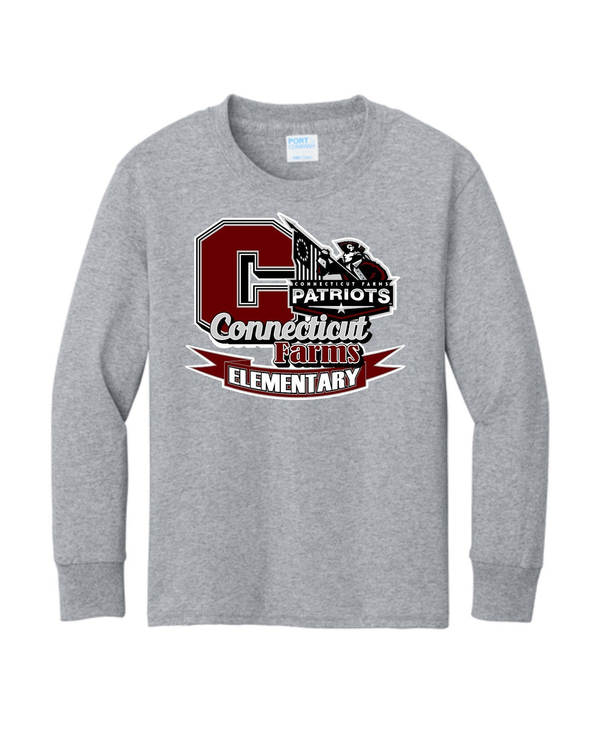 Connecticut Farms Elementary Port & Co® Youth Long Sleeve Core Cotton Tee. CFES MASH up logo PC54YLS