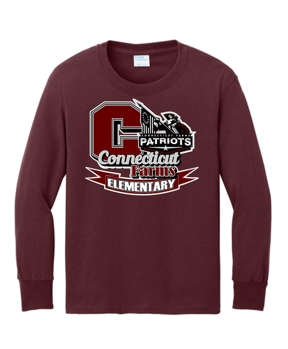 Connecticut Farms Elementary Port & Co® Youth Long Sleeve Core Cotton Tee. CFES MASH up logo PC54YLS