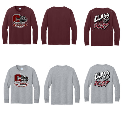 Connecticut Farms Elementary Port & Co® Youth Long Sleeve Core Cotton Tee. CFES MASH up logo PC54YLS