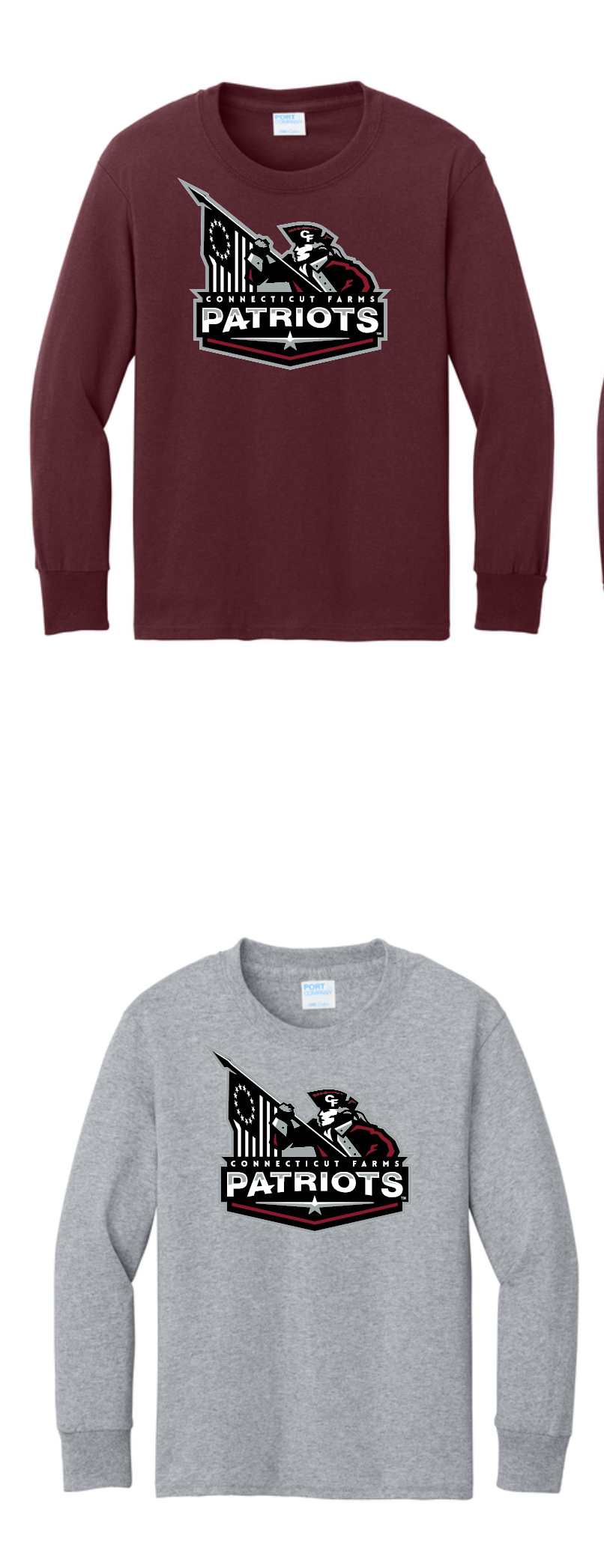 Connecticut Farms Elementary Port & Co® Adult Long Sleeve Core Cotton Tee. Patriot logo PC54LS