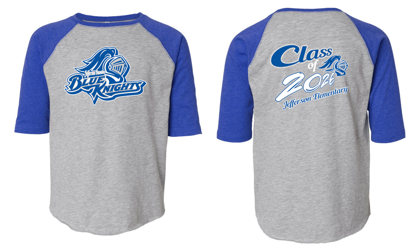 Jefferson Elementary School RAGLAN Sleeve Blue Knight Tee (youth & adult)